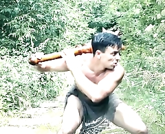 Titillating tarzan gay parody with barbarian lad in modern world